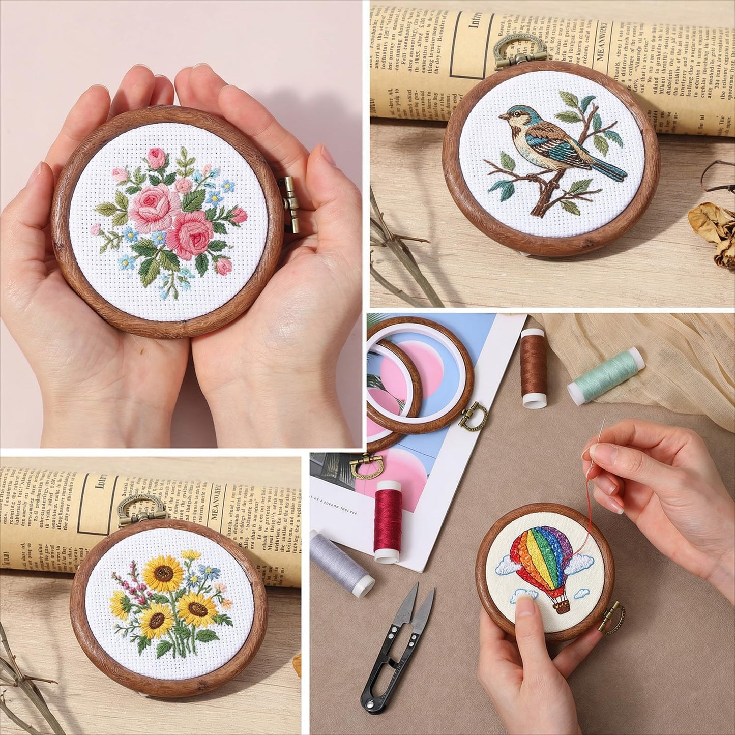 15 Pcs Imitated Wood Embroidery Hoop Set, 3 Inch Embroidery Frame for DIY Craft, Decorative Cross Stitch Hoops for Spring Wedding Gift, Art Sewing Supplies