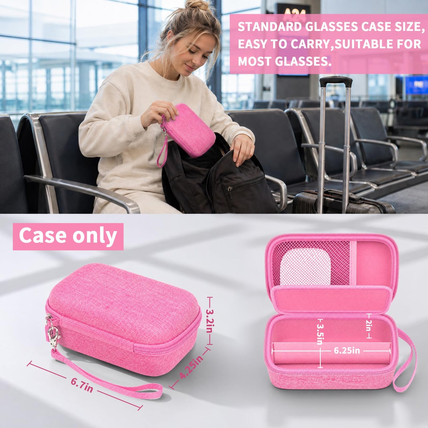 GWCASE Travel Glasses Organizer & Contact Lens Case - Adjustable Slots, Built-in Mirror, Tweezers, Solution Bottle & Hand Strap, Universal Fits Eyelasses/Sunglasses for Men & Women – Pink