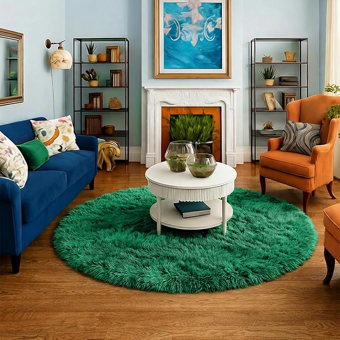Amdrebio Dark Green Fluffy Round Rugs 5Ft for Bedroom, Thick Floor Circle Rug for Kids, Teens Room Decor, Furry Shag Area Rug for Living Room, Baby Nursery, Dorm, Fuzzy Plush Fur Emerald Green Carpet