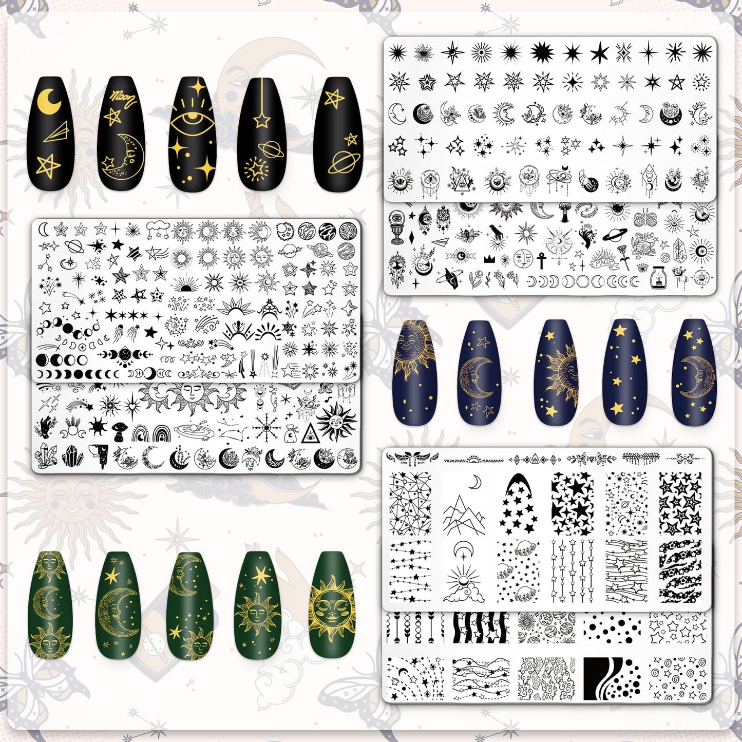 Whaline 6 Pcs Sun Moon Star Nail Plates Stamping Set Groovy Stamp Templates Nail Art Plates for DIY Print Manicure Salon Design Gift Supplies