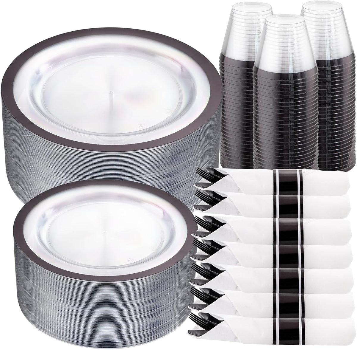 I00000 210 Pcs Clear and Black Plastic Plates, Halloween Disposable Dinnerware Set, Include 30 Dinner 30 Dessert Plates,30 Plastic Cups 9 OZ,30 Pre Rolled Napkins with Cutlery for Halloween Party