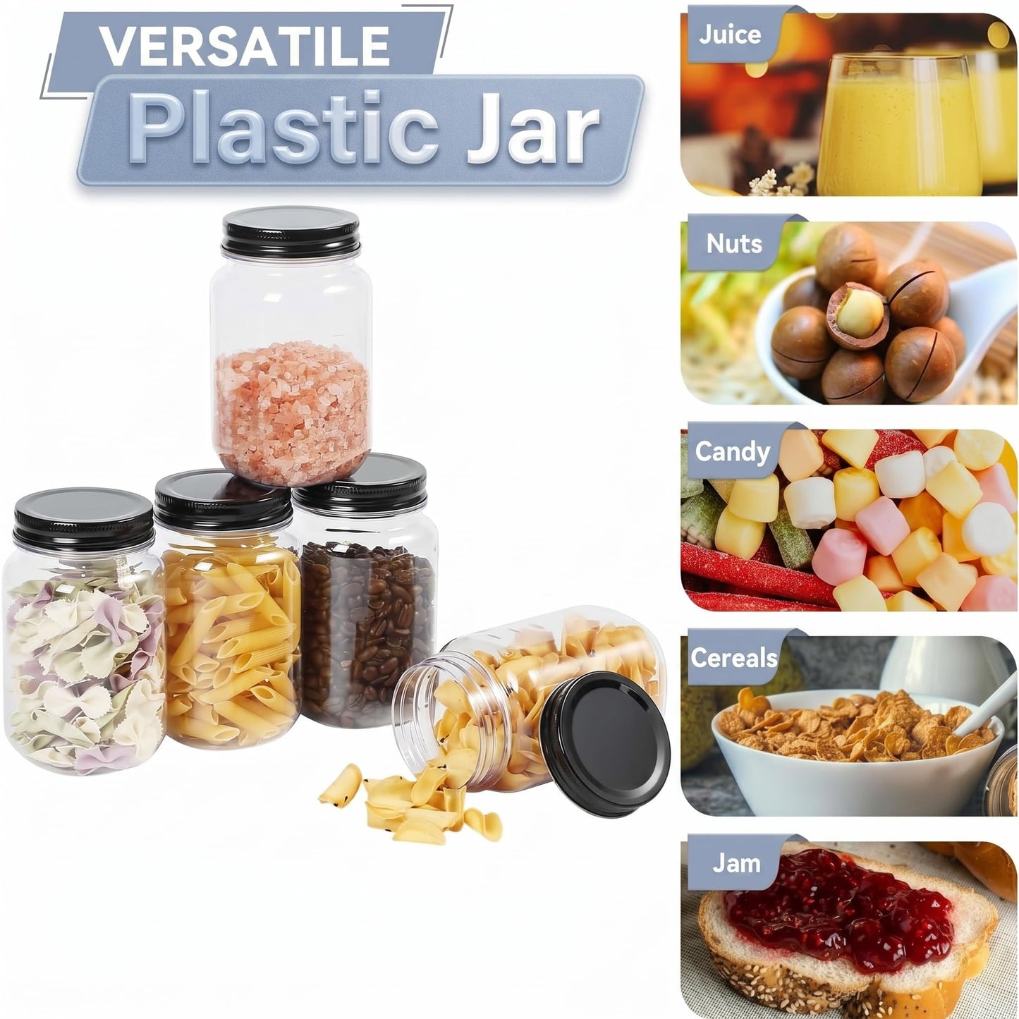 novelinks 16 oz Plastic Mason Jars with Lids, Refillable Clear Plastic Jars with Lids 16oz & Reusable Empty Storage Containers with Lids (Black,8 Pack)