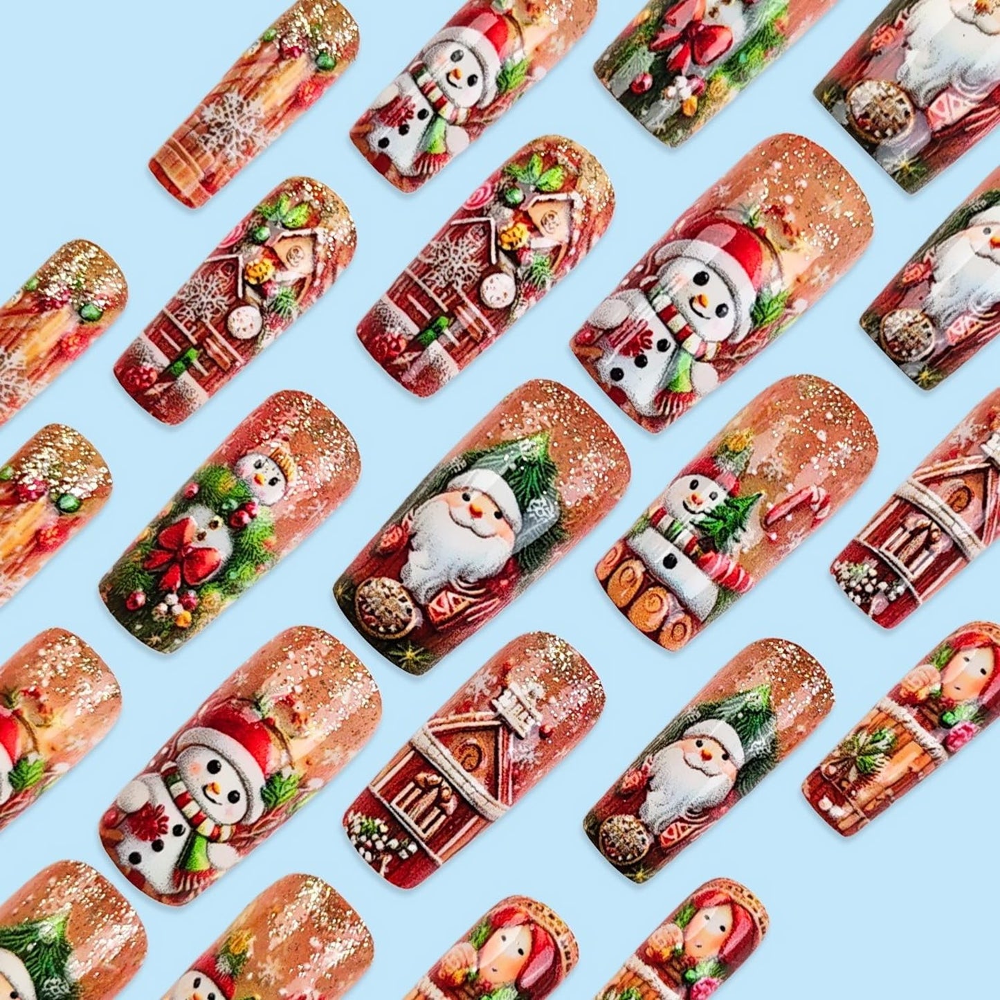 Christmas Press on Nails Christmas Theme Medium Glossy Acrylic Square Shaped Winter False Nails with Snowflake Designs Artificial Xmas Relief Snowman Fake Nails for Women Manicure Decoration 24 Pcs