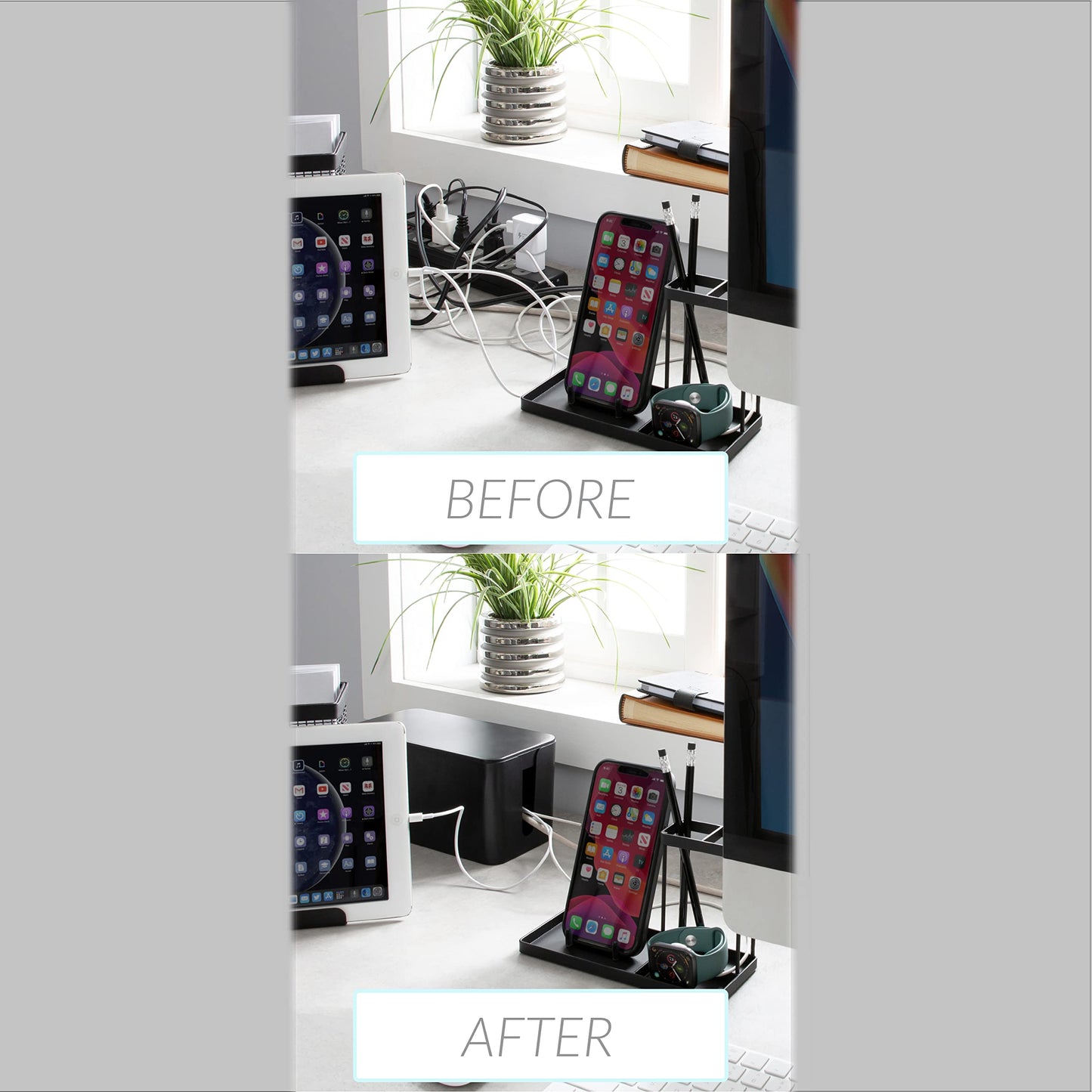 Simplify 2 Pack Cable Organizer Box | Multi-sized | Hidden Storage with Lid | Chargers & Wires | Computer & TV Cords | Black