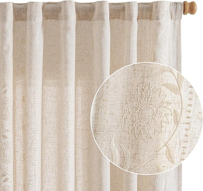 jinchan Winslow Linen Curtains for Bedroom 84 Inches Length Embroidered Bordered Floral Curtains for Living Room Farmhouse Decor Light Filtering Window Treatments Ivory on Beige Drapes 2 Panels