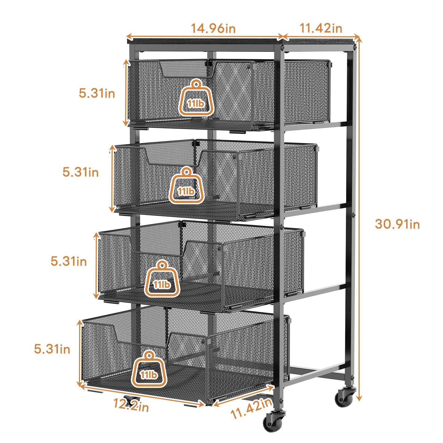 4-Tier Fruit Vegetable Storage Cart - Kitchen Organizer and Storage Cart with Wheels, Wooden Top Metal Wire Fruit Vegetable Rack Stand with Drawers to Storage Cans Snacks for Kitchen(Patent Pending)