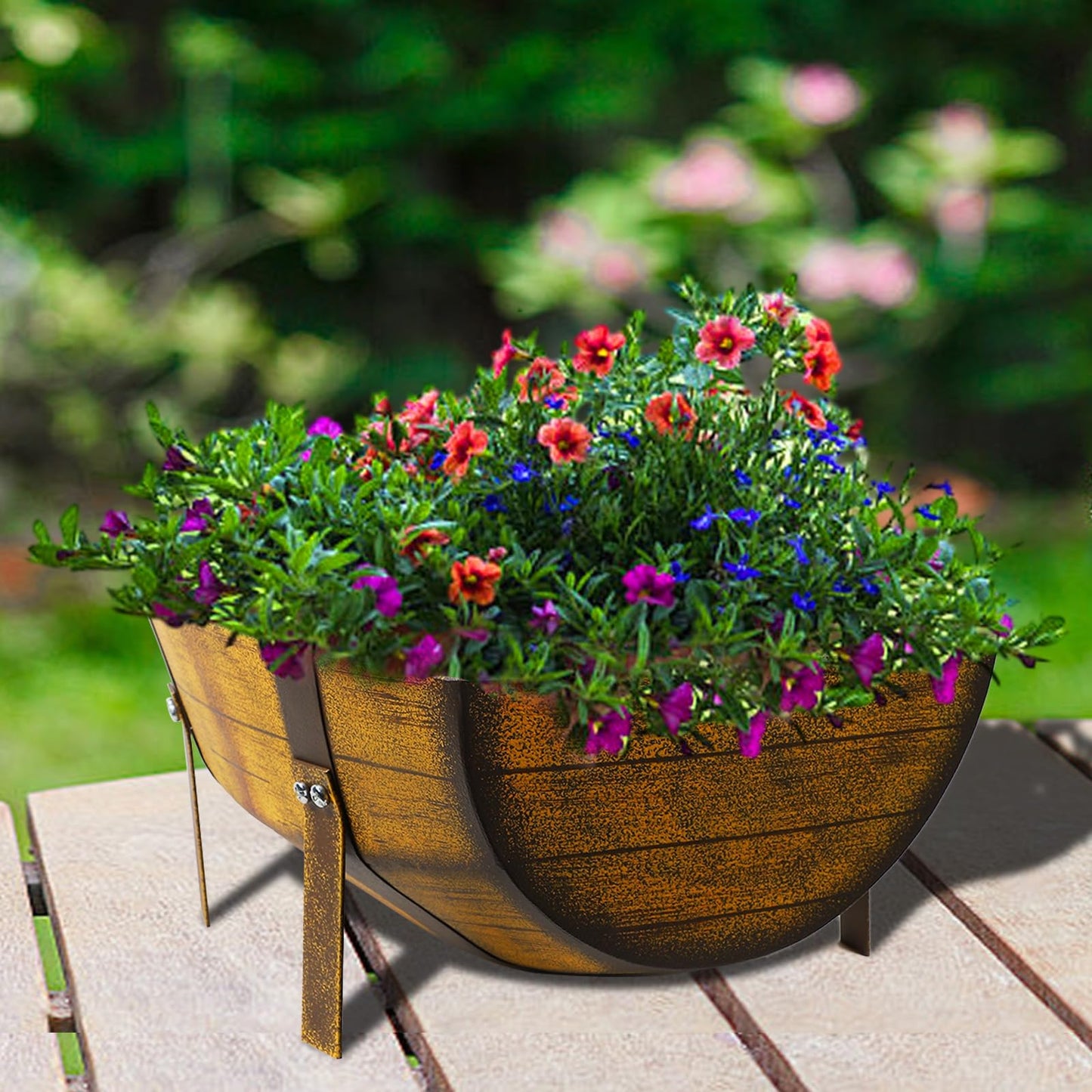 Aoutrow 15.43In 2 Pack Rustic Barrel Planters, Decorative Outdoor Garden Backyard Planter with Legs, Metal Flower Pot Half Barrel Planter Box, Brown