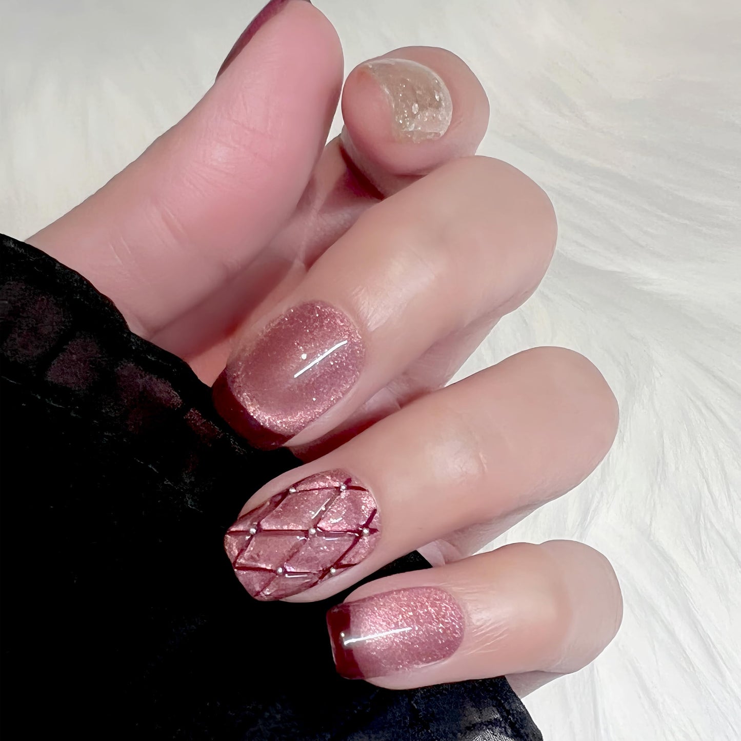 Press On Nails Handmade Fake Nails Square Short 3D Diamond purple Cat Eye Glossy Rhinestones Finger Manicure medium luxury False press ons Acrylic Nails Full Cover Artificial (M size)