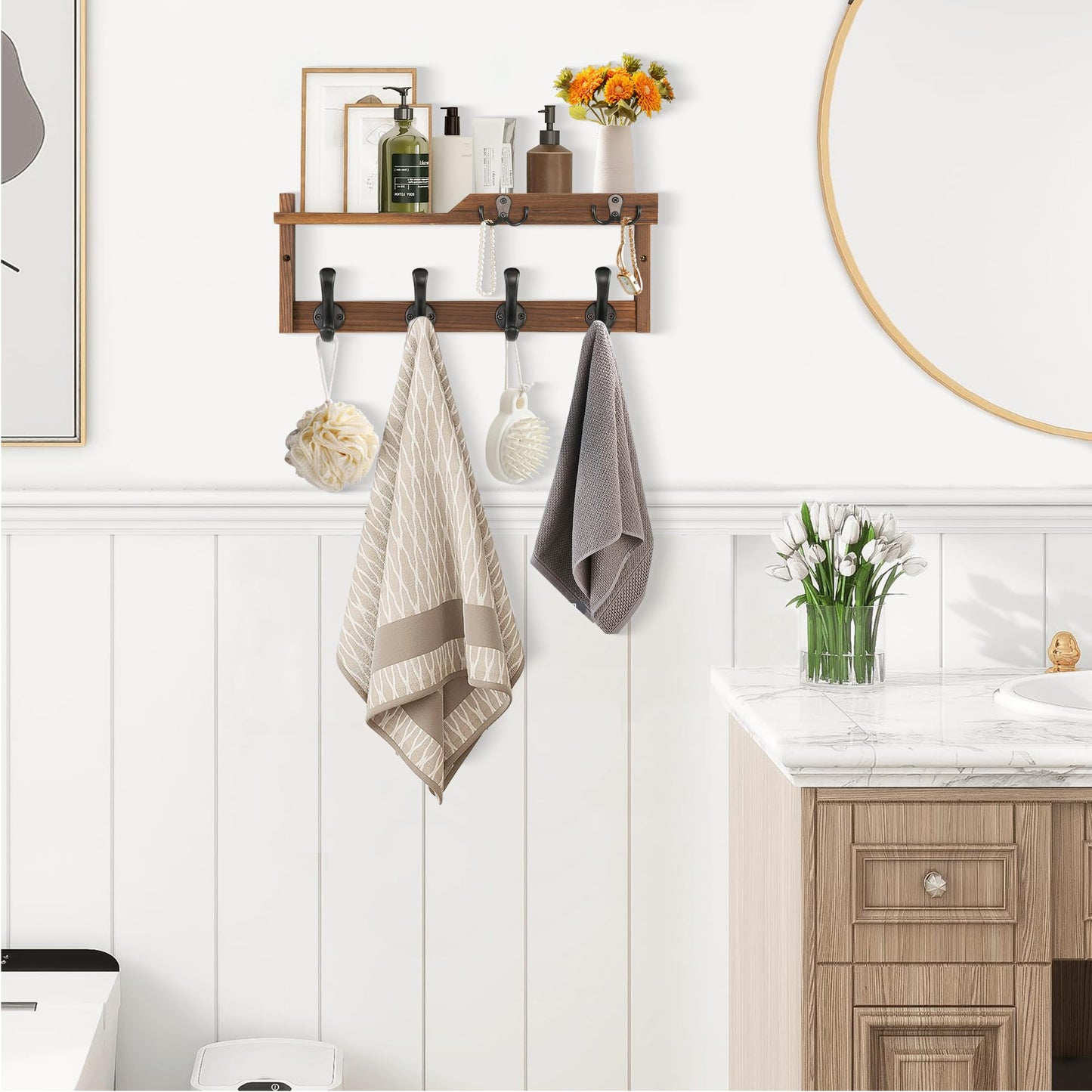 dreampossible Coat Rack Wall Mount with Shelf, Coat Hanger Wall Mount with Key Hooks and Mail Holder, Wood Entryway Floating Shelf with Hooks and Storage, Hat Rack for Wall Key Holder Mail Organizer