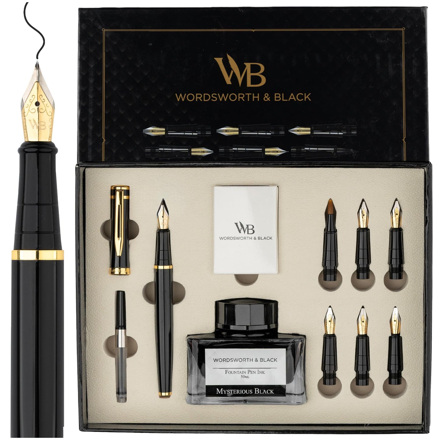Wordsworth & Black Calligraphy Pen Gift Set, Includes Bottle, 6 Cartridges, Refill Converter, 6 Replacement Nibs, Premium Package, Journaling, Smooth Writing Pens [Black Gold]