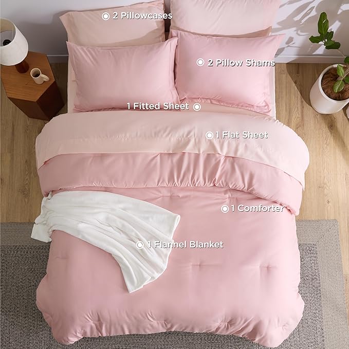 Bedsure Full Comforter Set Pink, 8 Pieces Prewashed Full Size Bed in a Bag with Soft Fleece Bed Blanket, Down Alternative Bedding Set for All Seasons, Sheets, Pillowcases & Shams