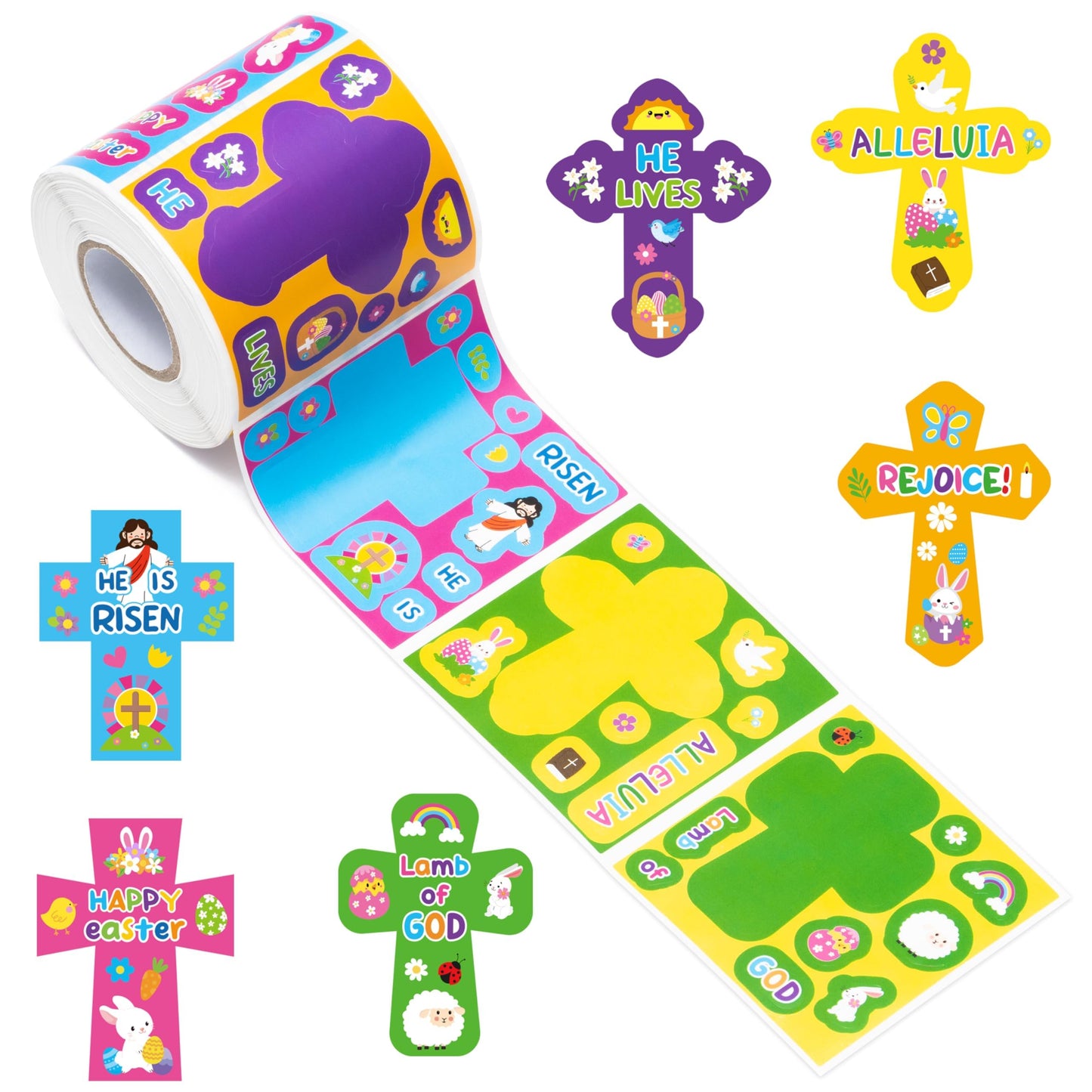 Haooryx Easter DIY Sticker Roll - 300Pcs Christain Religious Cross Shape Make A Face Stickers Self Adhesive Vinyl Waterproof Label Decal Water Bottle Laptop Skateboard Easter Egg Filler Party Supplies