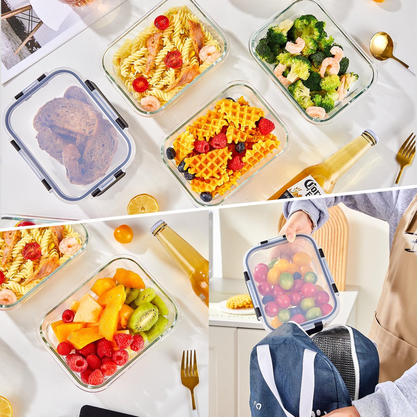 Liuruiyu 8 Pack 36OZ Glass Food Storage Containers with Lids, Meal Prep Containers, Airtight Bento Boxes with Leak Proof Locking for Microwave, Oven, Freezer and Dishwasher, BPA Free