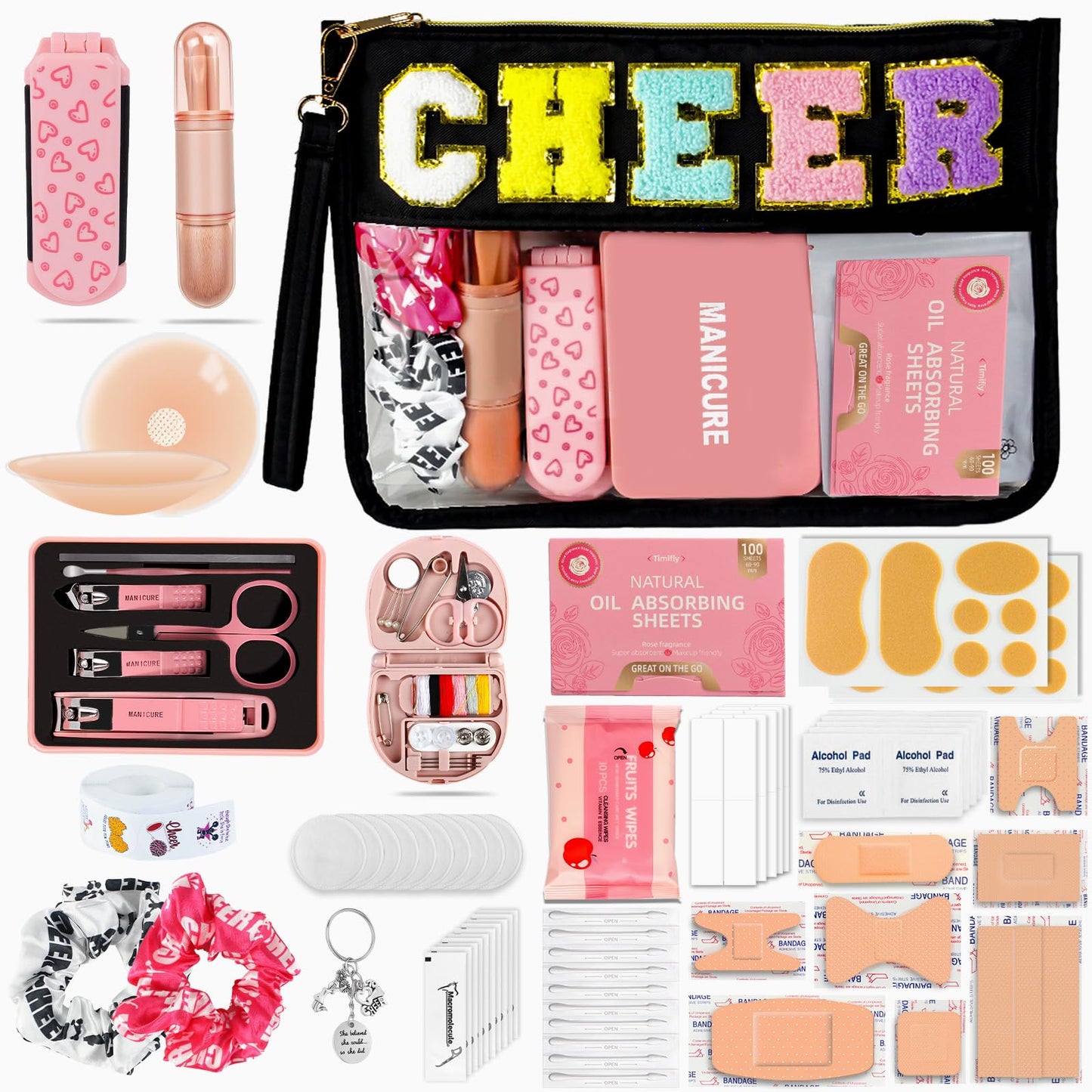 Bumaeu Cheerleading Essentials Kit Over 70 Pieces with Emergency Supplies and Waterproof Makeup Bag