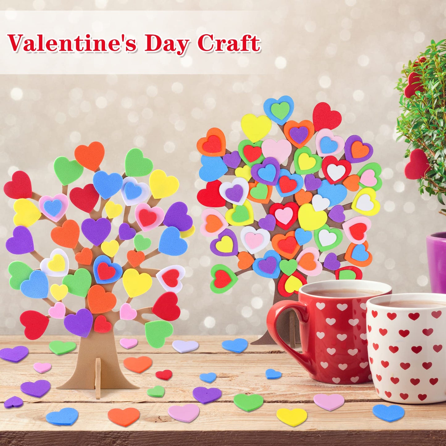 Fovths 332 Pieces DIY Love Heart Tree Foam Stickers Craft Set 12 Pieces Tree and 320 Pieces Valentine's Day Self-Adhesive Foam Heart for Valentine's Day Wedding Mother's Day Home Decor School DIY
