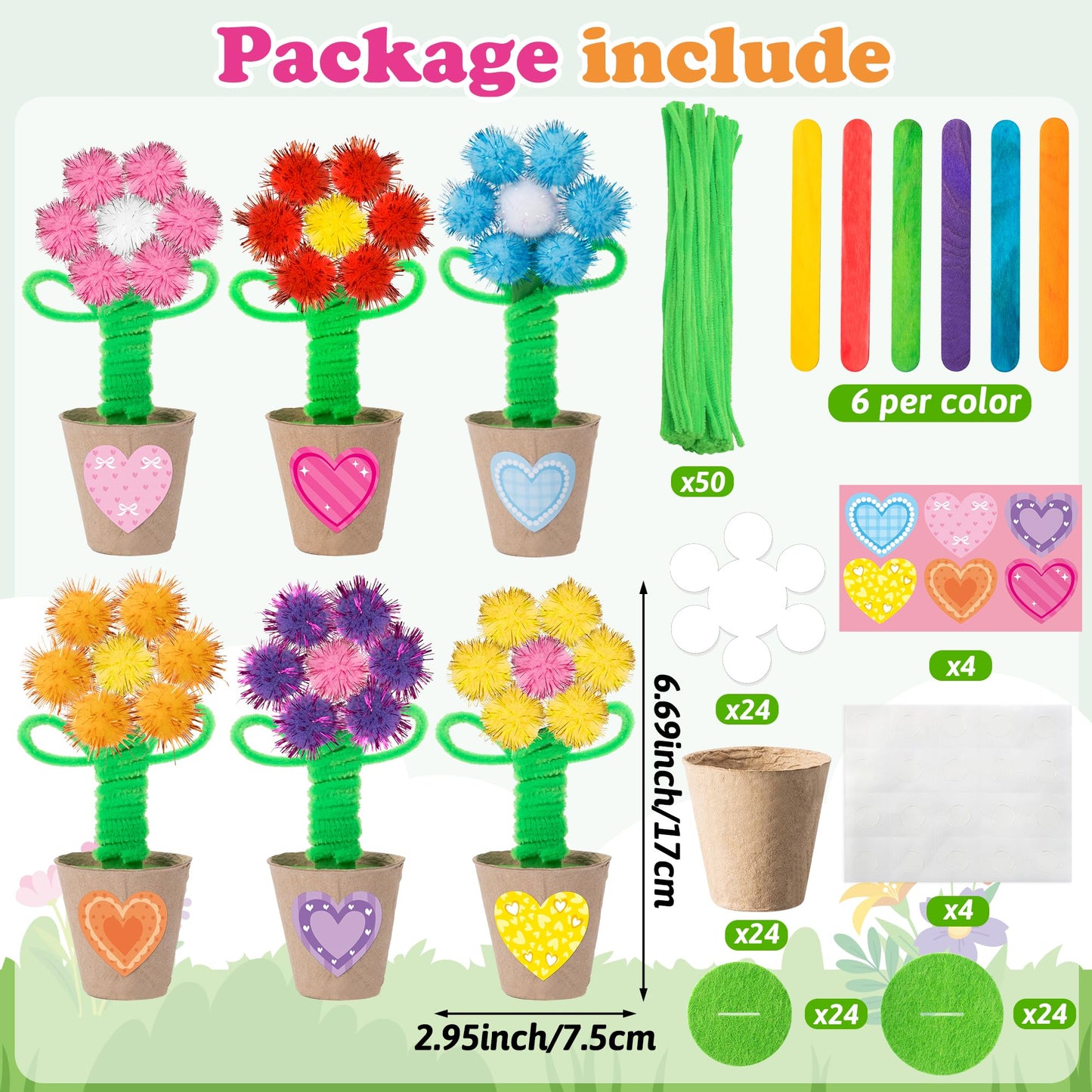 WATINC Mother’s Day Flower Paper Pot Craft Kits - 36 Pack Springtime Pom Pom Flower Decorations, Make Your Standing Glitter Gift Crafts, Fun DIY Decor Home School Classroom Art Activities