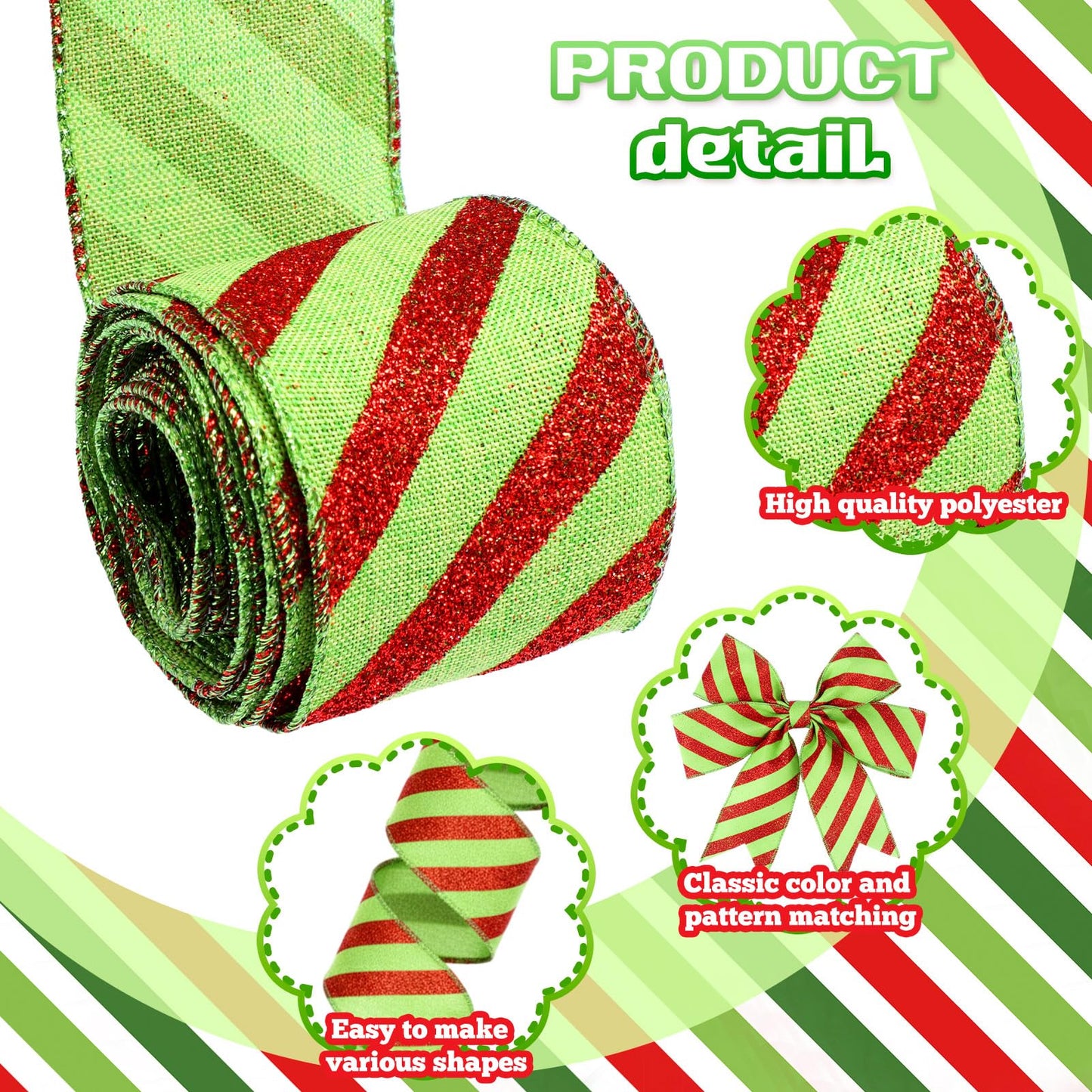 Suncalla 6 Rolls 32 yd Christmas Wired Ribbons 2 Inch Glitter Lime Green Stripe Christmas Ribbon Red and Green Polka Dot Bow DIY Crafts for Xmas Tree Wreaths Decor Xmas Gift Wrapping Home Decoration