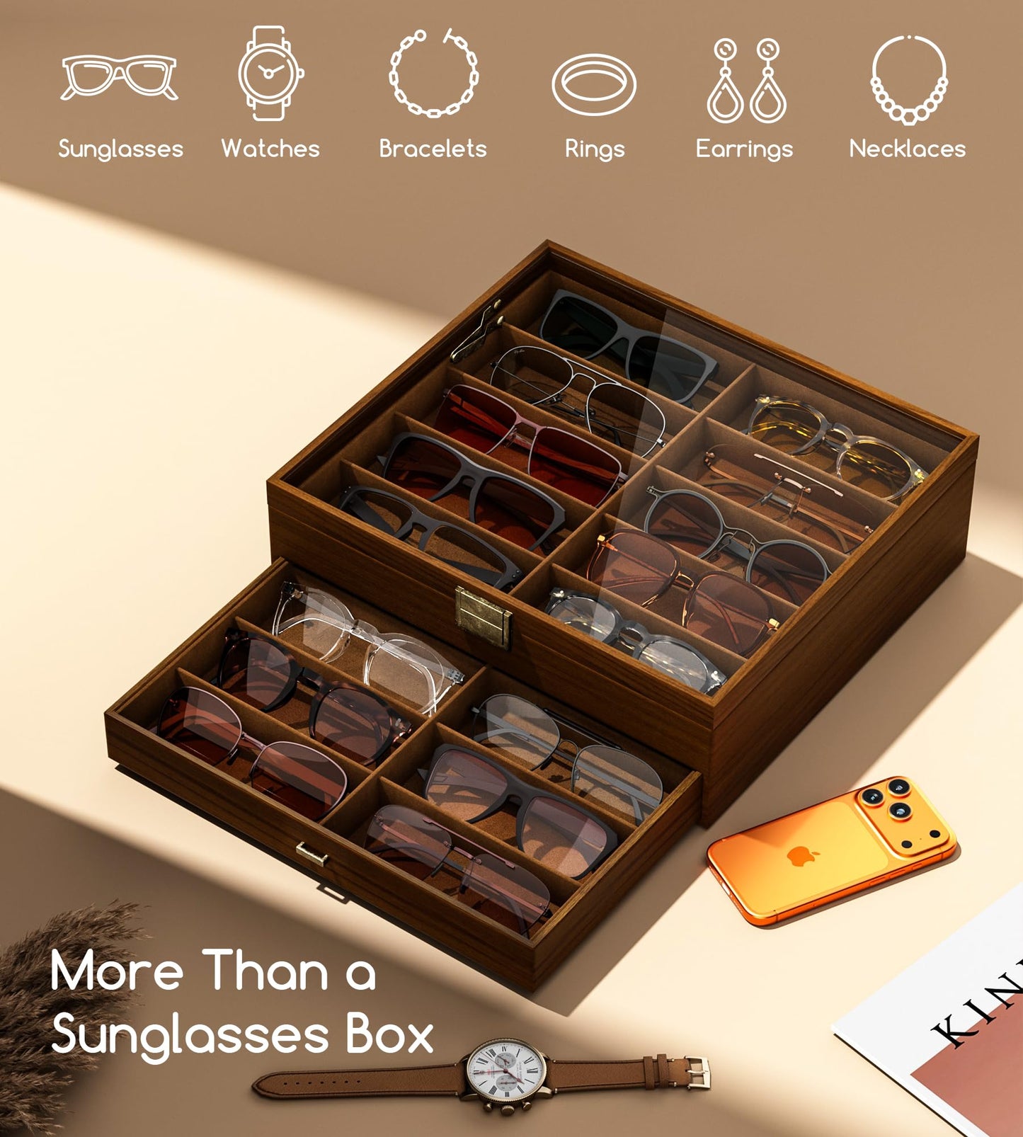 NEWLOOP Sunglasses Case Storage Organizer - Sunglass Organizer See-through Display Case Multiple Pairs Glasses Holder Stand 2-layer Eyeglass Jewelry Watch Collection Box for Men Wooden