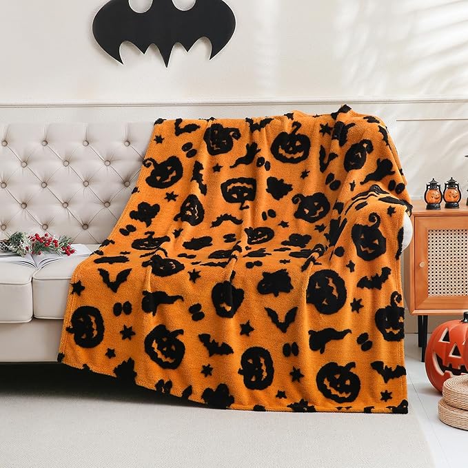 SOCHOW Halloween Jacquard Throw Blanket, Fuzzy Soft Cozy Warm Pumpkin Ghost Fall Decor Holiday Blanket for Couch, Sofa and Bed, 50 x 60 Inches, Orange/Black