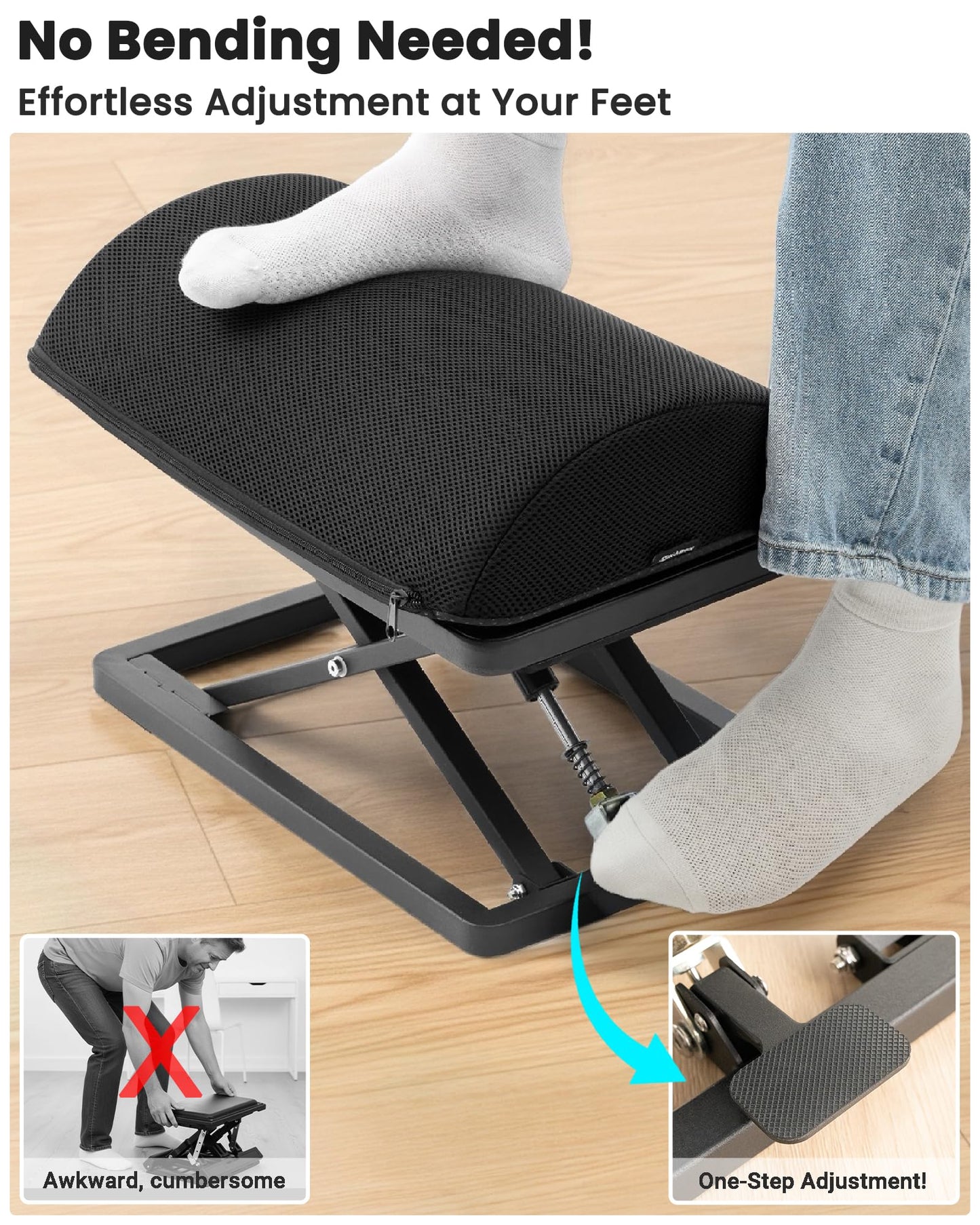 Wikabex Truly Infinite Height Adjustable Footrest｜No Bending Needed—Foot Step-to-Adjust｜2.7"-13.1" Height｜Washable｜Foot Rest Stool for Under Desk at Work, Office/Home/Gaming/Study Desk Essentials