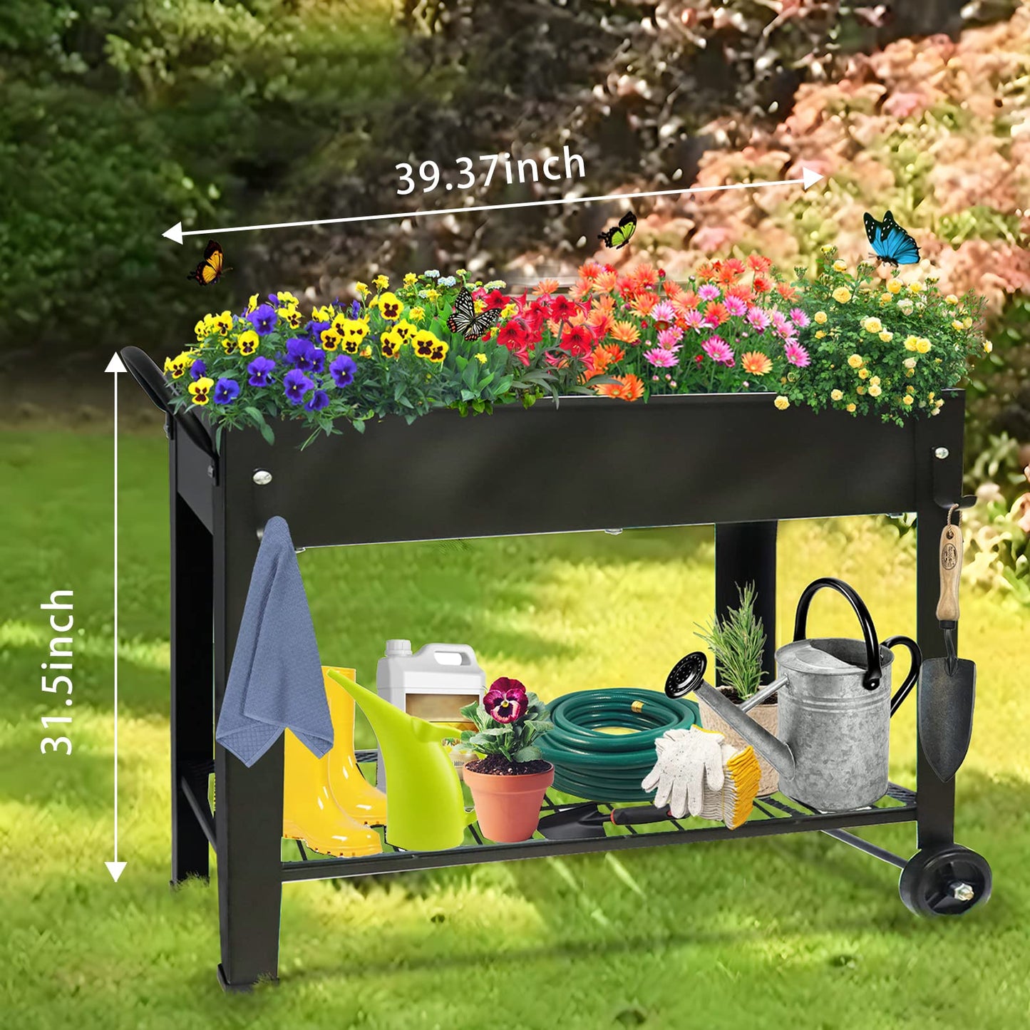 Fleecy day Raised Garden Planter Beds with Wheels Legs, Large Planters Box for Indoor Outdoor Plants,Metal Galvanized Elevated Rectangle Herb Planter Box for Vegetables Flower Patio 31.5" H
