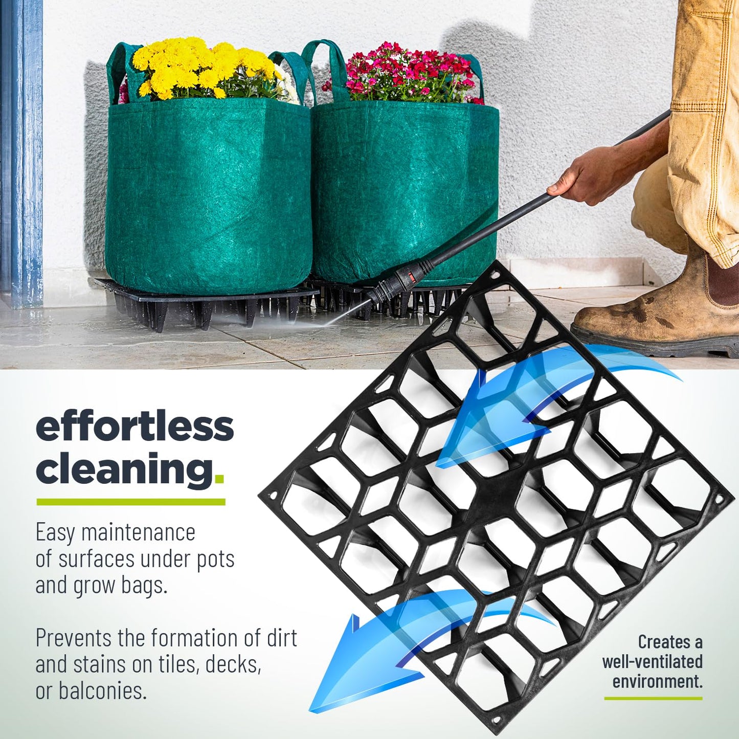 Cannrise Plant Riser – Modular Pot Spacer for Grow Bags, Planters & Containers – UV-Resistant Drainage Tray for Airflow, Root Health & Cleaner Surfaces (Standard Black, 5 Pack)