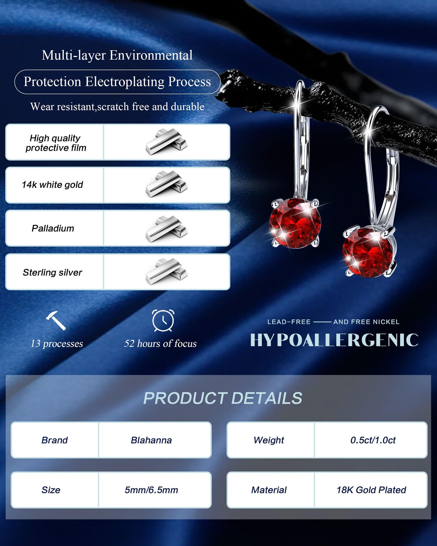 Blahanna Moissanite Earrings,1.0ct-2.0ct D Color Brilliant Round Cut Earrings S925 Sterling Silver Dangle Earrings Moissanite Leverback Drop Earring