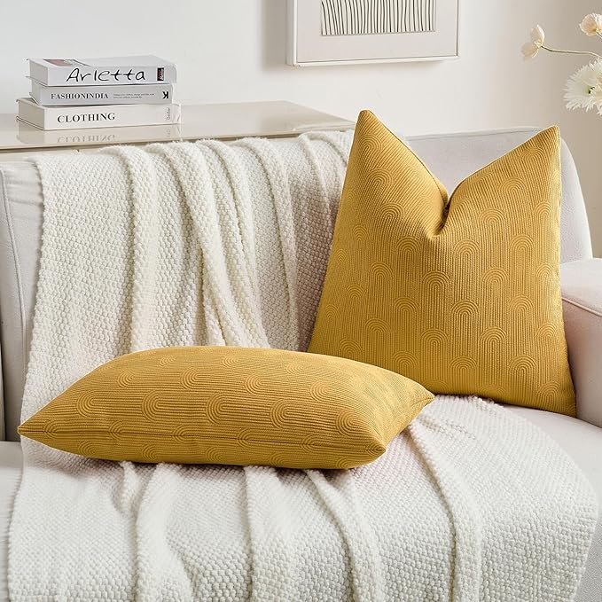 FUTEI Mustard Yellow Chenille Decorative Throw Pillow Covers 24x24 Inch Set of 2,Soft Cozy Striped Geometric Patterns European Cushion Cases,Modern Home Decor for Couch Bed Living Room