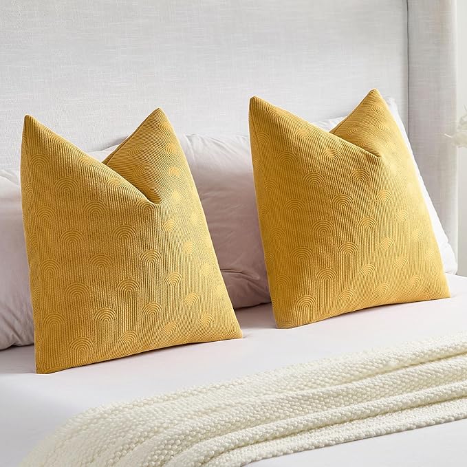 FUTEI Mustard Yellow Chenille Decorative Throw Pillow Covers 20x20 Inch Set of 2,Soft Cozy Striped Geometric Patterns Cushion Cases,Modern Home Decor for Couch Bed Living Room