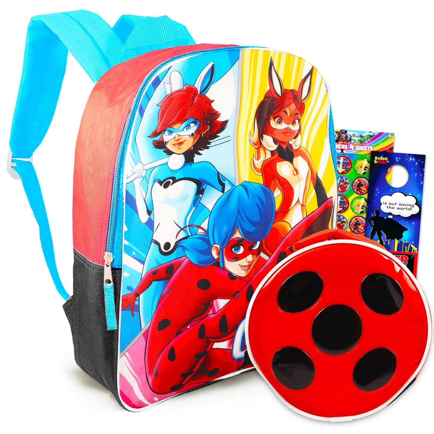 Miraculous the Ladybug Backpack and Lunch Bag Set ~ 4 Pc School Supplies Bundle with 15" School Bag, Lunch Box, Stickers, and More