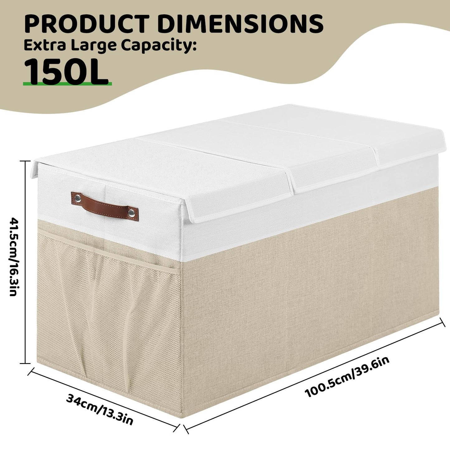 ISEMINGLA Extra Large Foldable Toy Chest with Lid,Collapsible Kids Toy Storage Box Organizer,Large Fabric Storage Bin for Nursery Playroom Bedroom Living Room,40”x18”x14”,White & Beige