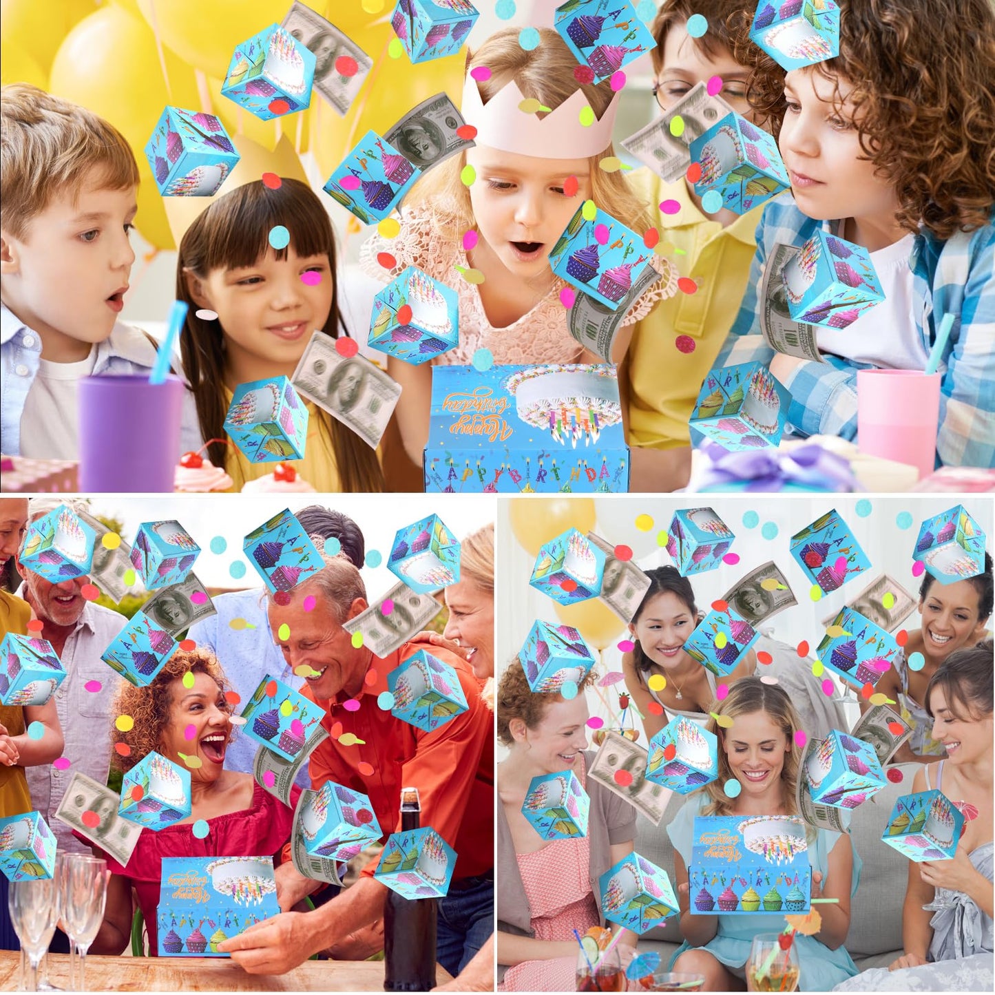 BABORUI Birthday Surprise Box Gift Box for Money, Happy Birthday Surprise Gift Box Explosion with Confetti, Seeroze Exploding Gift Box for Men Women Kids(Blue)