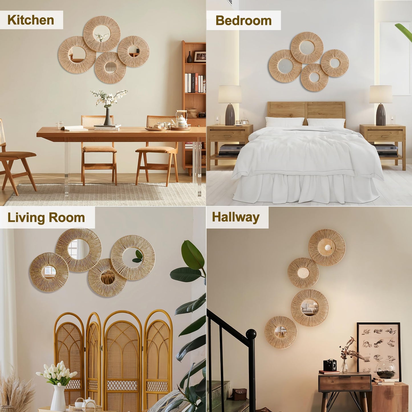 Artilady 4 Pack Hanging Baskets Wall Art - Decorative Woven Wicker Basket Boho Wall Hanging, Rustic Round Mirrors Natural Jute Home Decor Set for Bedroom Living Room Nursery