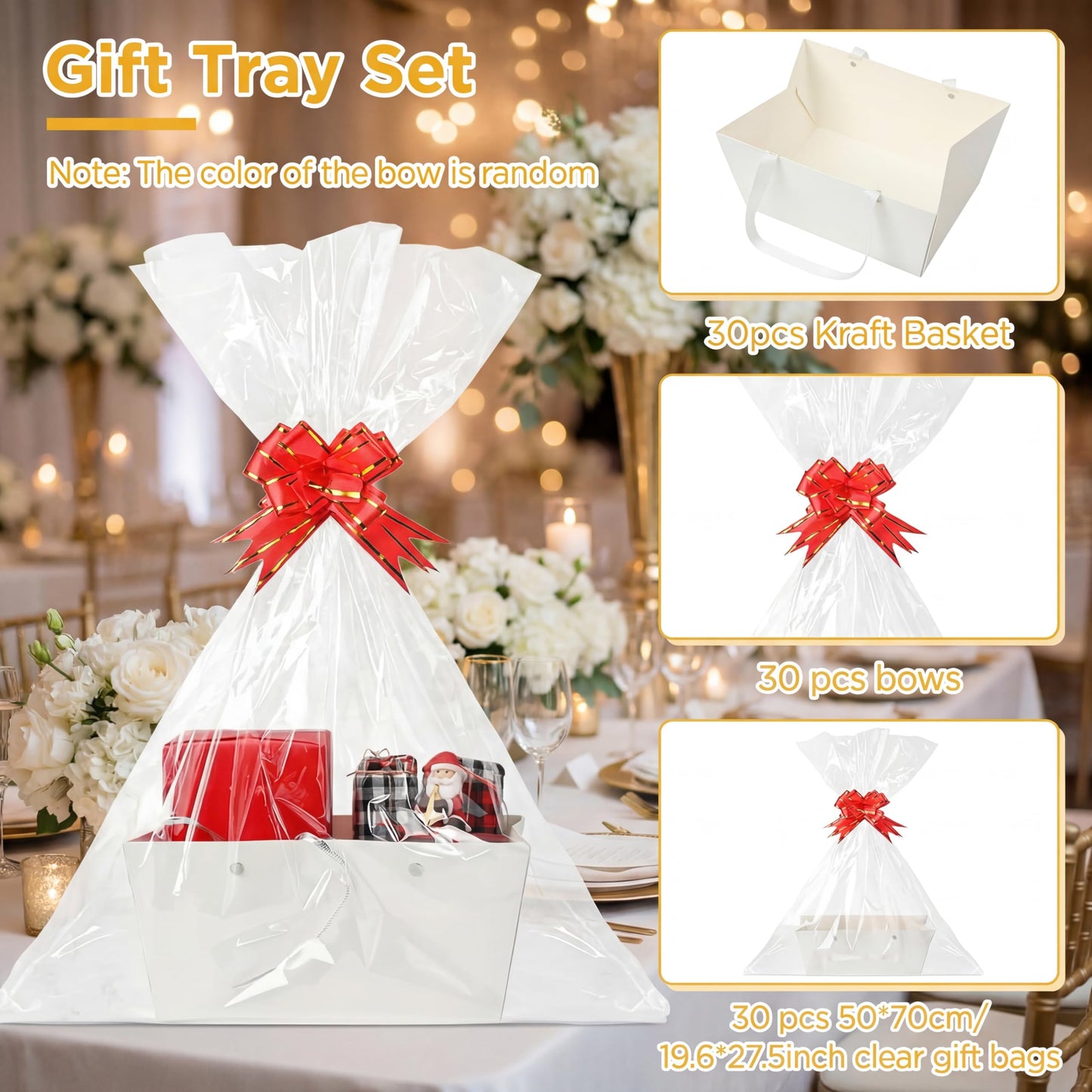Tuanse 30 Pcs Basket for Gift Empty DIY Bulk Gift Basket Kit with Handle Kraft Cardboard Tray with 30 Bag 30 Bow Market Tray for Wedding Party(White,9.8 x 6.5 x 4.3 in)
