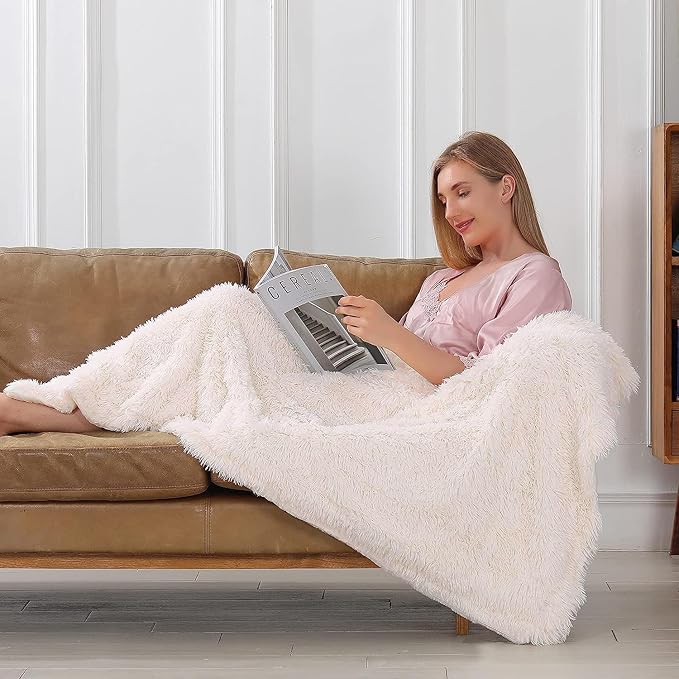 Tuddrom Decorative Extra Soft Faux Fur Blanket Queen Size 80"x90",Solid Reversible Fuzzy Fluffy Plush Fur Blanket for Couch Sofa Bed,Cream White