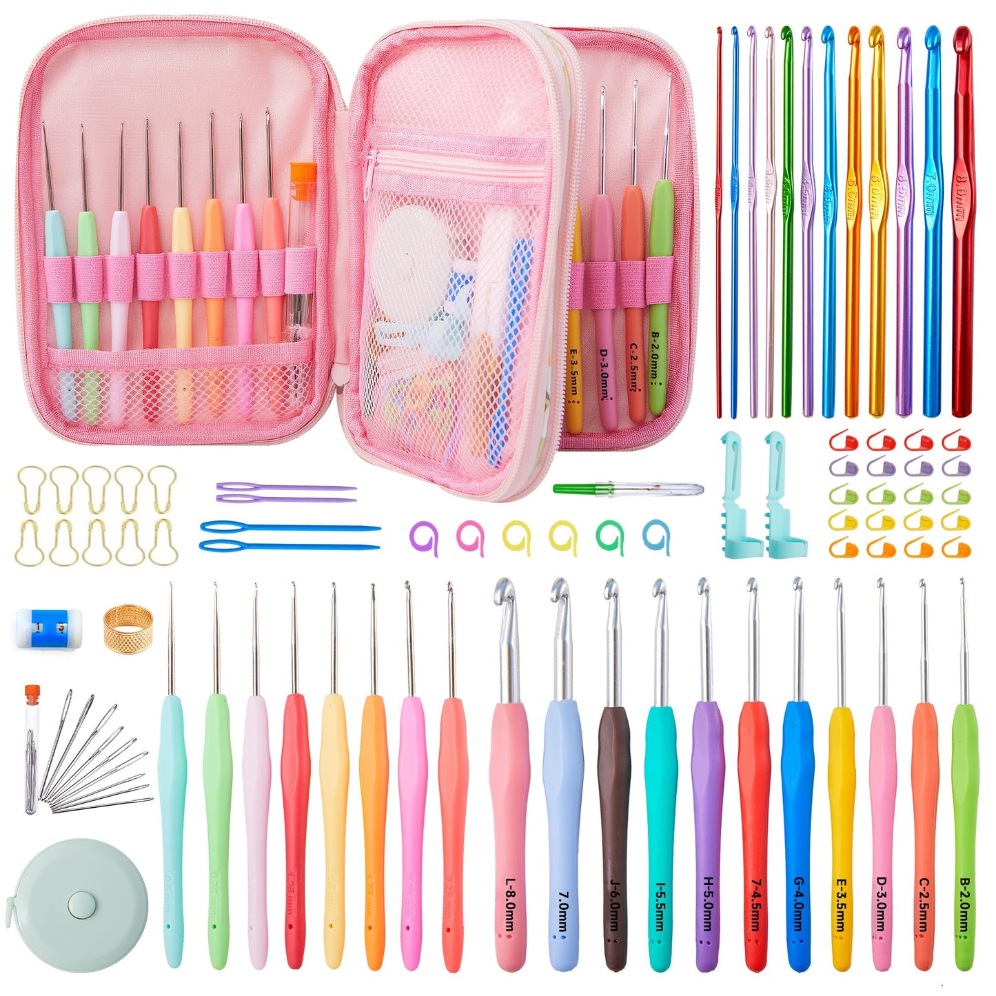 INSCRAFT 87 Pcs Crochet Hook Set, 19 Sizes 0.5mm-8mm(L), Ergonomic Soft Grip Handles Crochet Needles Kit with Case for Arthritic Hands, Crochet Starter Kit for Beginners Knitting Yarn Lovers