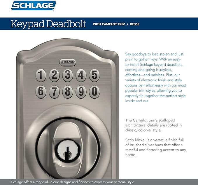 Schlage BE365 V CAM 716 Camelot Keypad Deadbolt, Electronic Keyless Entry Lock, Aged Bronze