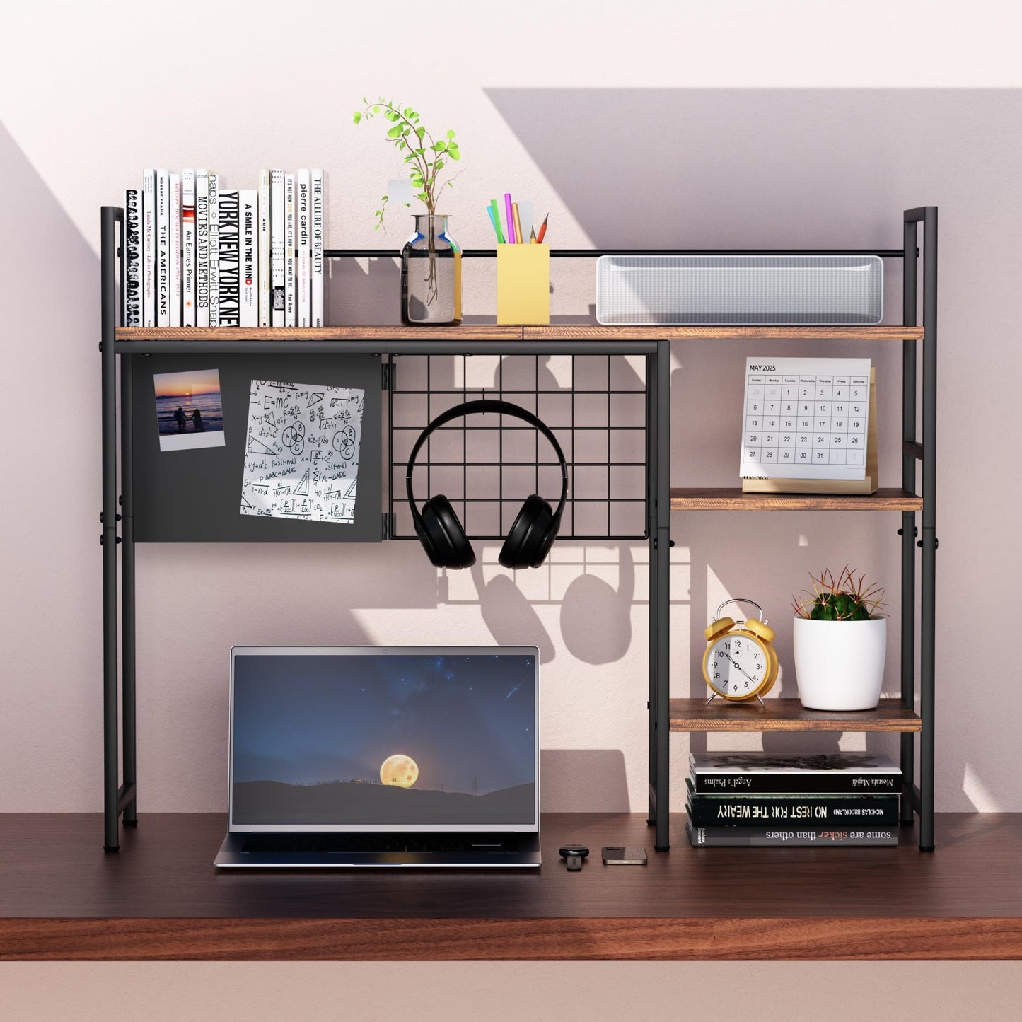 ZNMYDMT 38.5" 3-Tier Desktop Bookshelf | Desk Organizer Shelf & Computer Monitor Stand | Dark Brown Home Office Storage