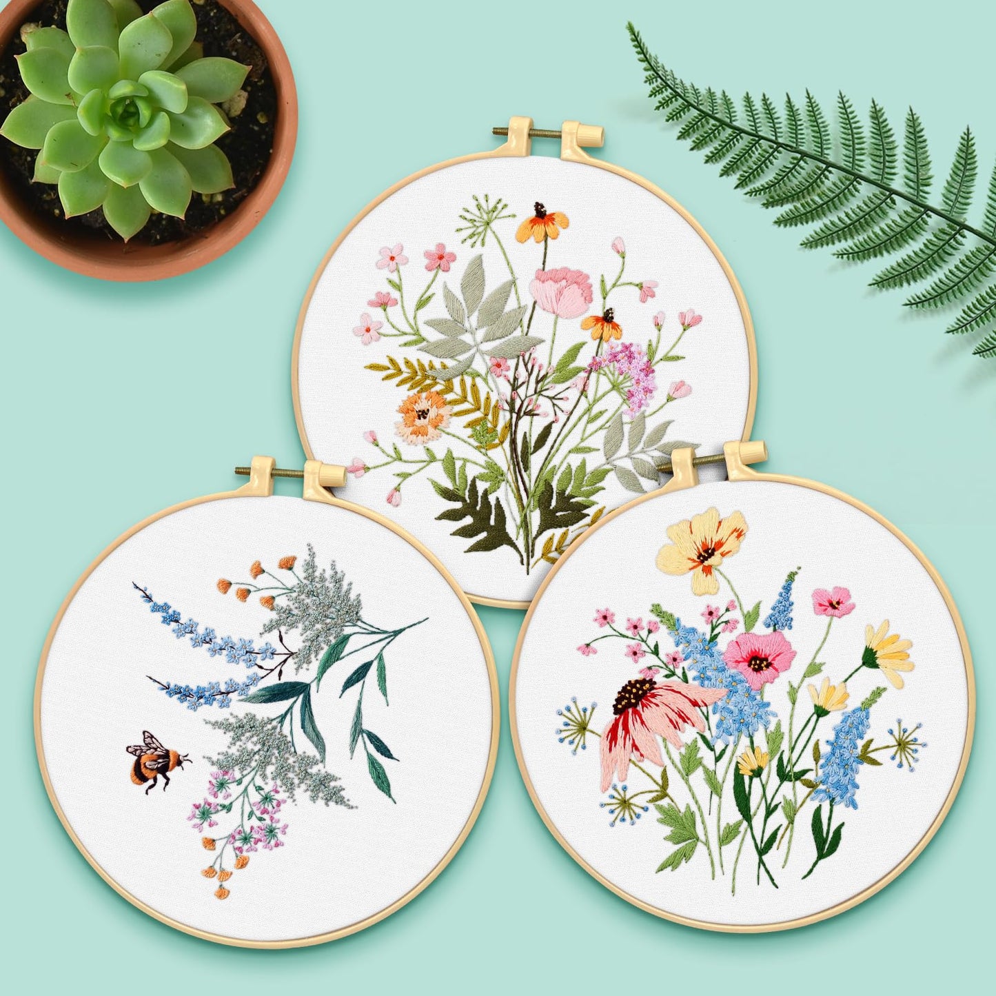 ERKOON Embroidery Kit for Beginners, 5 Sets Flower Cross Stitch Set for Adults Include Embroidery Cloth Hoops Threads for Craft Lover Hand Stitch with Skill Techniques (Flower)