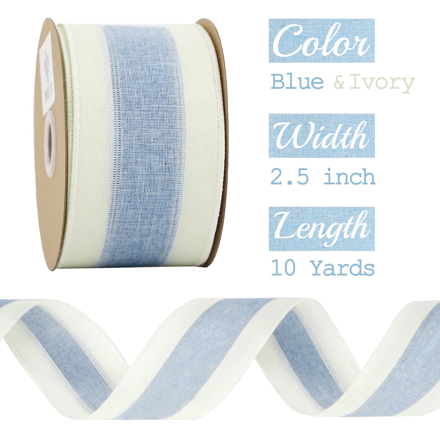 MEEDEE Blue and White Stripe Ribbon Wired 2.5 Inch Light Blue Burlap Ribbons with Ivory Stripe Edge Wreath Supplies, Baby Shower Decorations, Crafts Bow Making (10 Yards)
