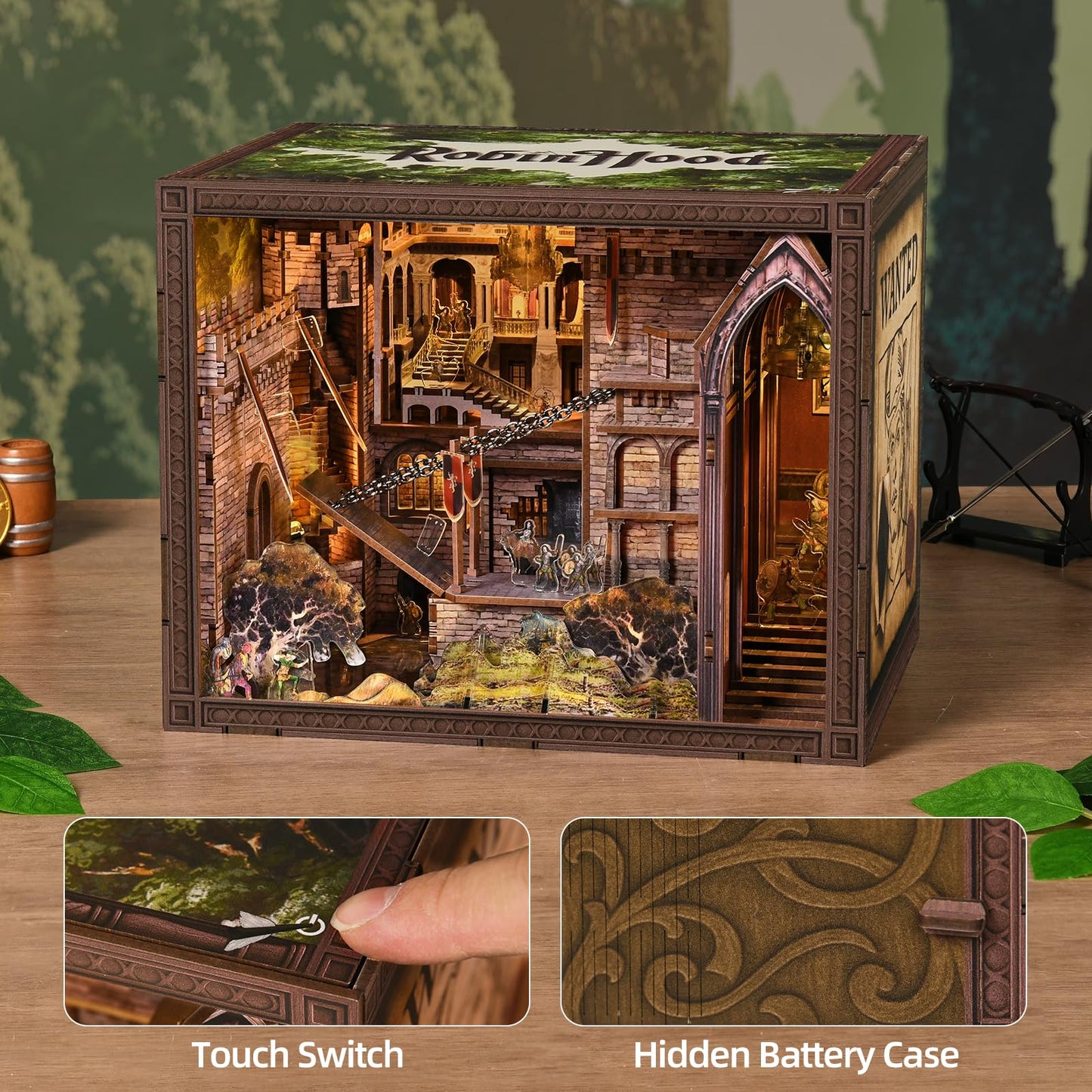 MiniCity DIY Book Nook Kit - The Castle's Escape 3D Miniature Wooden Scene with LED Lights, Dustcover & Tools for Shelf Decor (Robin Hood)