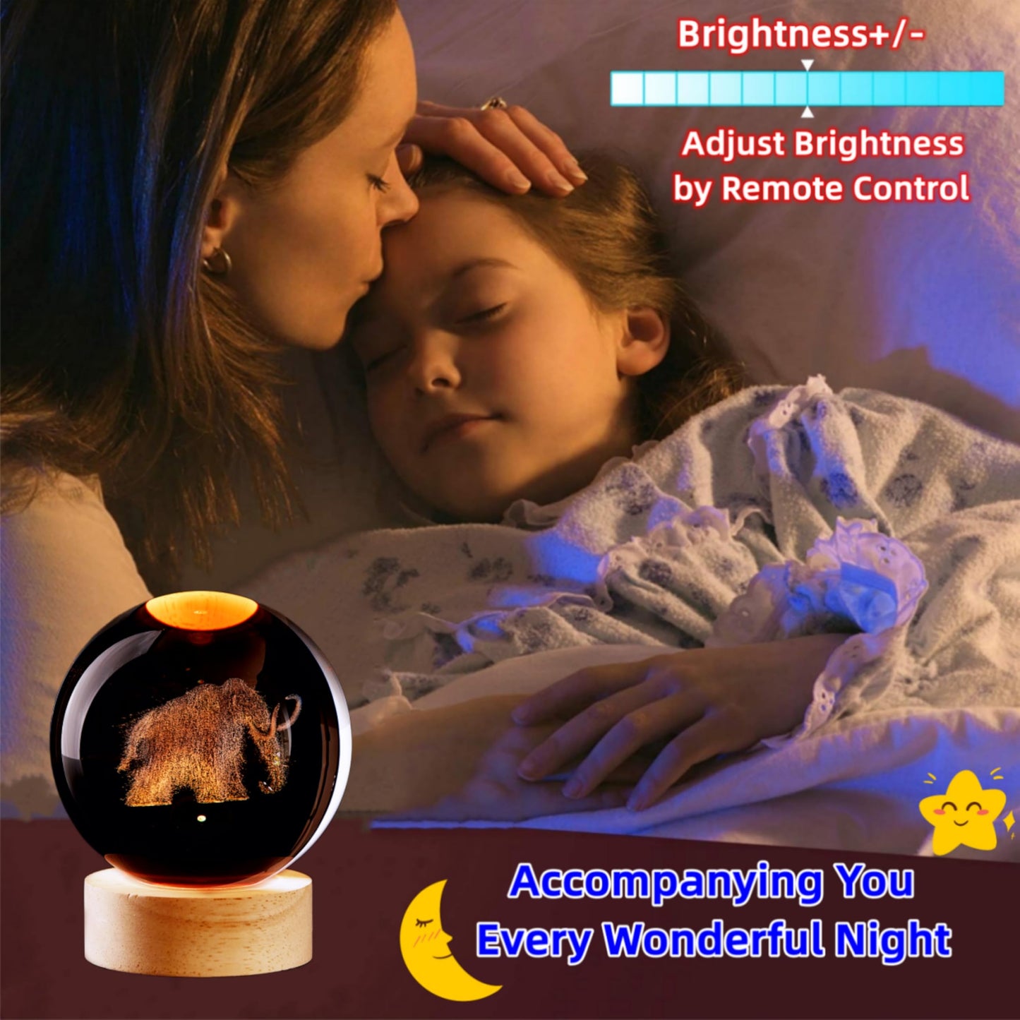 LMLOBEP Large Elephant Crystal Ball Night Light with Woodern Base, 3D Mammoth Crystal Lamp 16 Color Changing with Remote Control, Laser Engraved Glass Ball Lamp, Room Decor (Elephant)