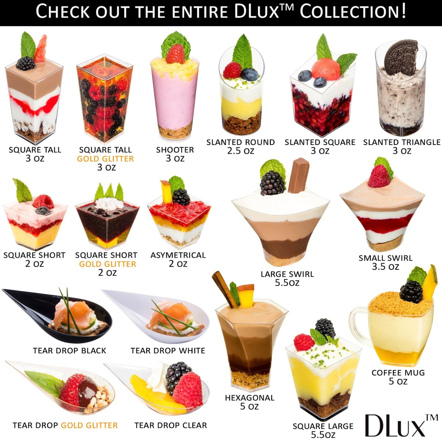 DLux 100 x 3 oz Mini Dessert Cups with Spoons, Square Tall - Clear Plastic Parfait Appetizer Cup - Small Reusable Serving Bowl for Party Desserts Appetizers - with Recipe Ebook