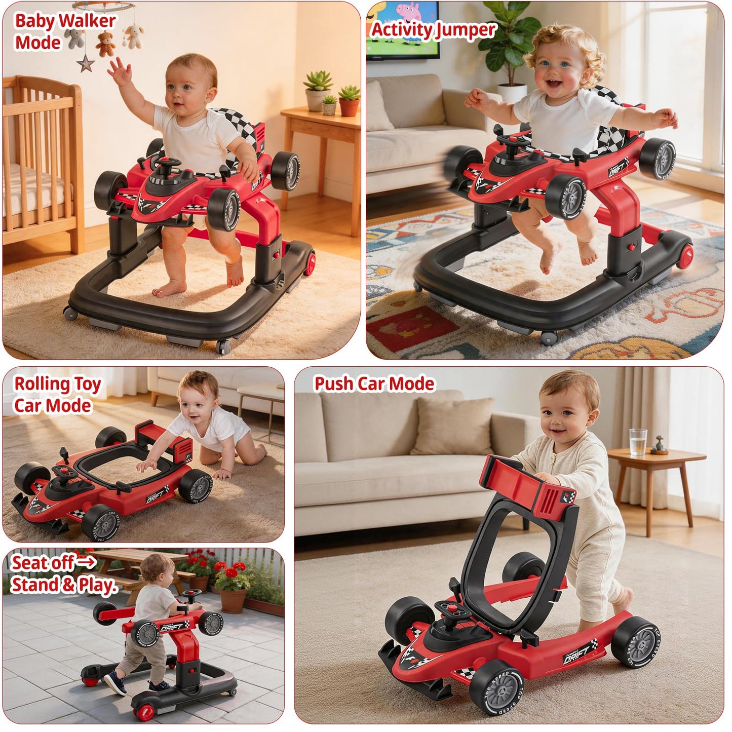 Baby Walker with Wheels | 3 Adjustable Heights, Reinforced Frame, 4 Modes (Push Walker & Jumper), Speed & Height Adjustments, Music, Lights, Anti-Rollover Design, for 6-18 Month Olds