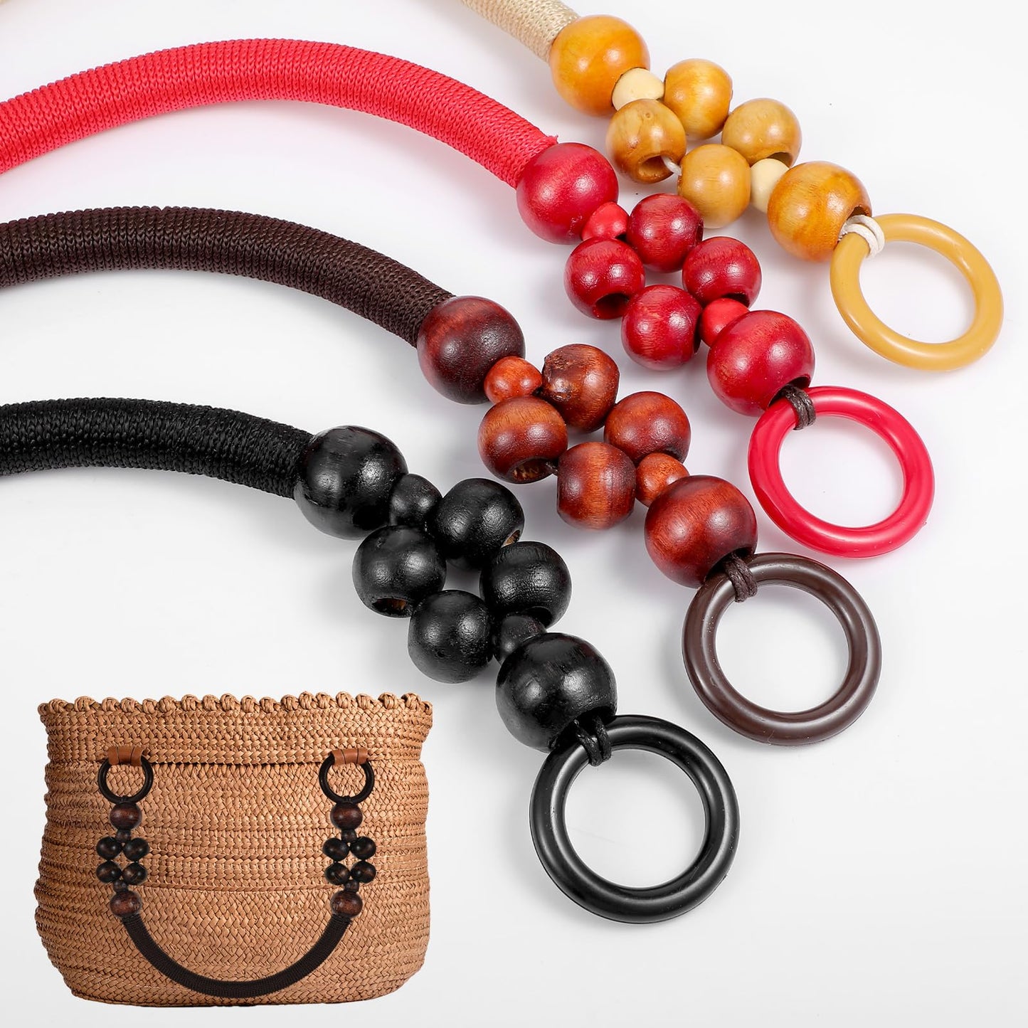 10 PCS Wooden Beaded Purse Handles, 5 Colors Rustic Bead Purse Strap Handles Replacement, Nylon Bag with Beads and Rope for Summer Beach Macrame Crochet Bag DIY Supplies (18.5 in)