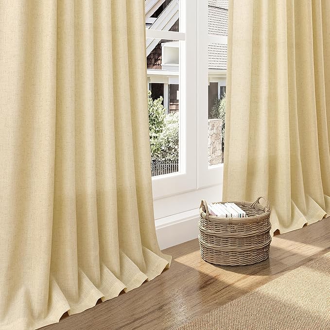 Nanspring Cream Yellow Linen Curtains 102 Inches Long for Living Room Light Filtering Modern Farmhouse Sheer Curtains Back Tab and Rod Pocket Curtain for Bedroom Office 52x102, 2 Panels