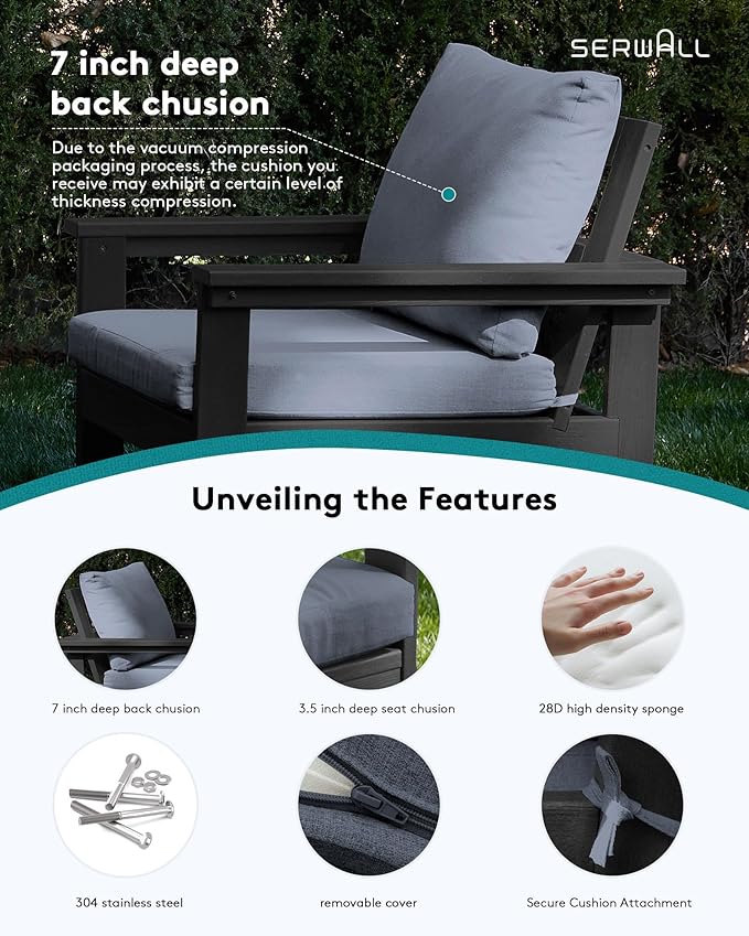 SERWALL HDPE Patio Conversation Set, 6-piece Sectional Outdoor Furniture Set, All Weather Outdoor Couch Set Patio Furniture Set for Deck, Lawn, Black Frame with Grey Cushion