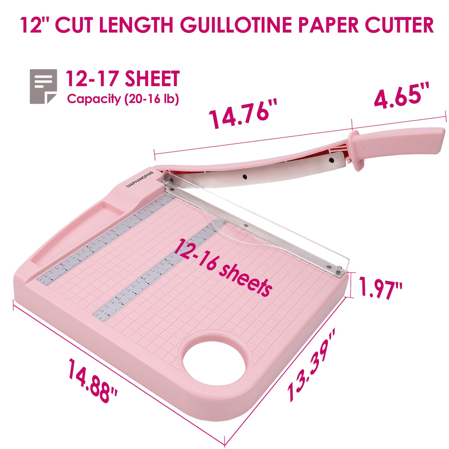 12" Paper Cutter, Precision Cut with Safety Protection and Blade Lock, 12 Sheet Capacity, Great for Cardstock, Cardboard, Photo, Vinyl, Crafts, Scrapbook (Pink)