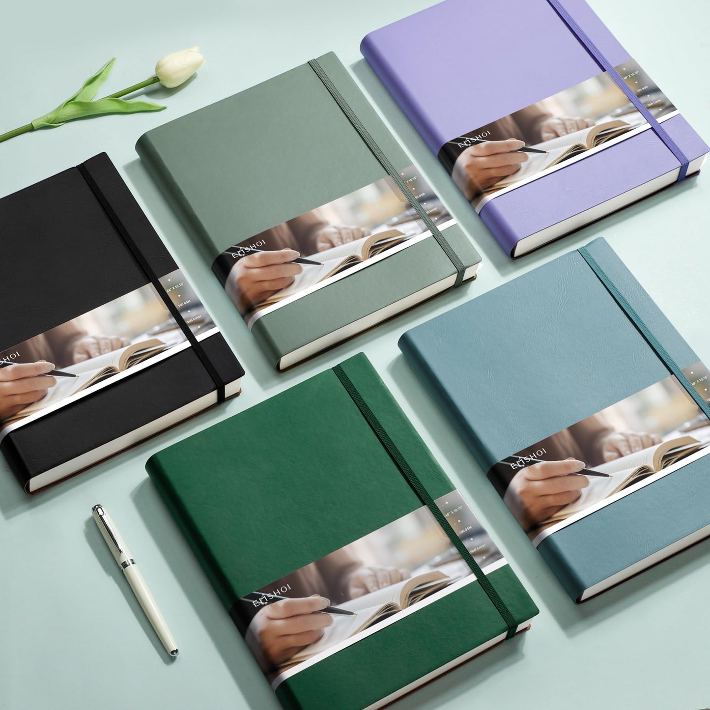 EMSHOI B5 College Ruled Notebook, Large 7.48" x 10.15", 400 Pages 100GSM Ink-Proof Faux Leather Softcover Lay-Flat Lined Journal for Work Office School Bible Study Writing, Dark Green