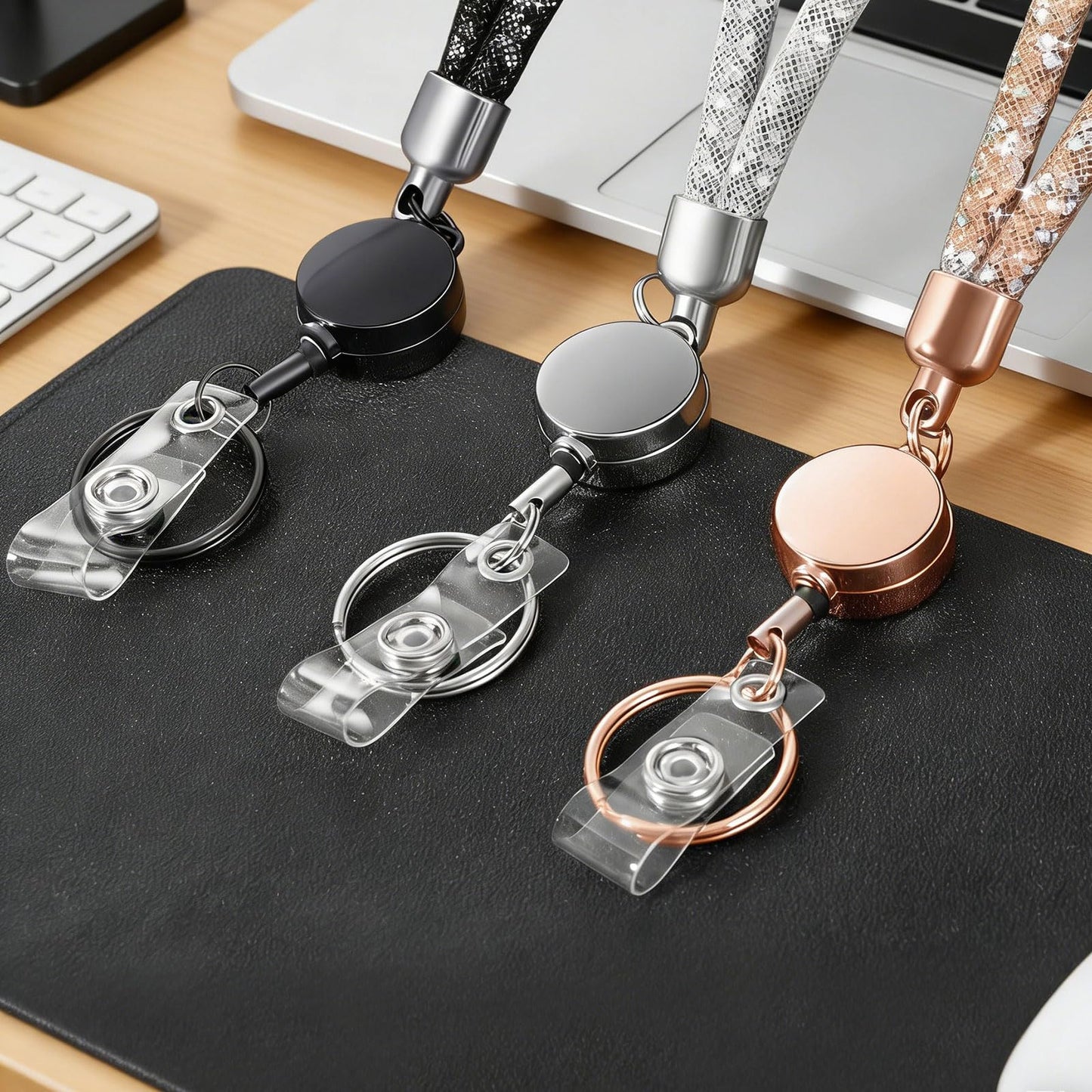 3 Pack Set Retractable ID Badge Holder with Bling Neck Strap Neck Lanyard for Teacher Office Worker